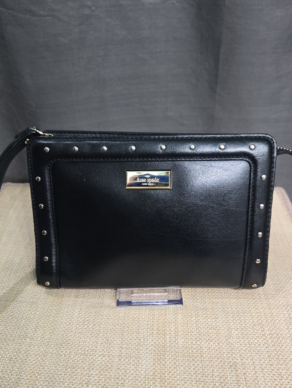kate spade Black Leather Studded Wristlet with Gold Plaque